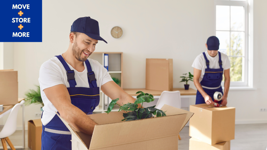 Image of two movers packing and taping boxes.