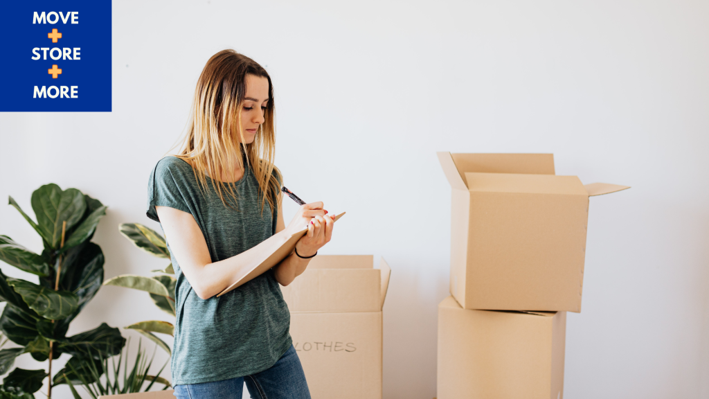 Image of a woman checking moving boxes and packing a plant.
