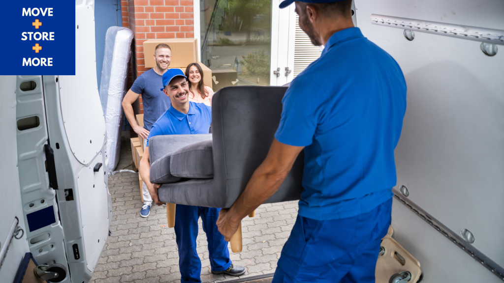 Image of family watching professional movers load furniture - Move Store & More How to Save Money Before Moving House Blog Image