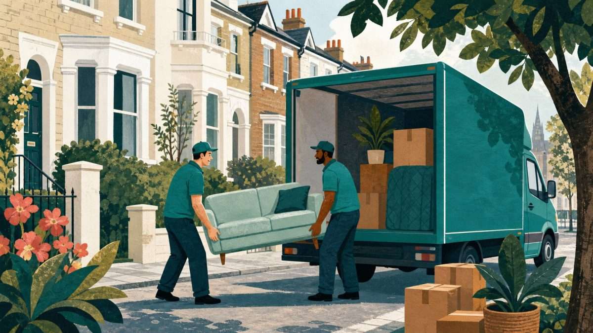 Illustration of a local man and van team in South West London