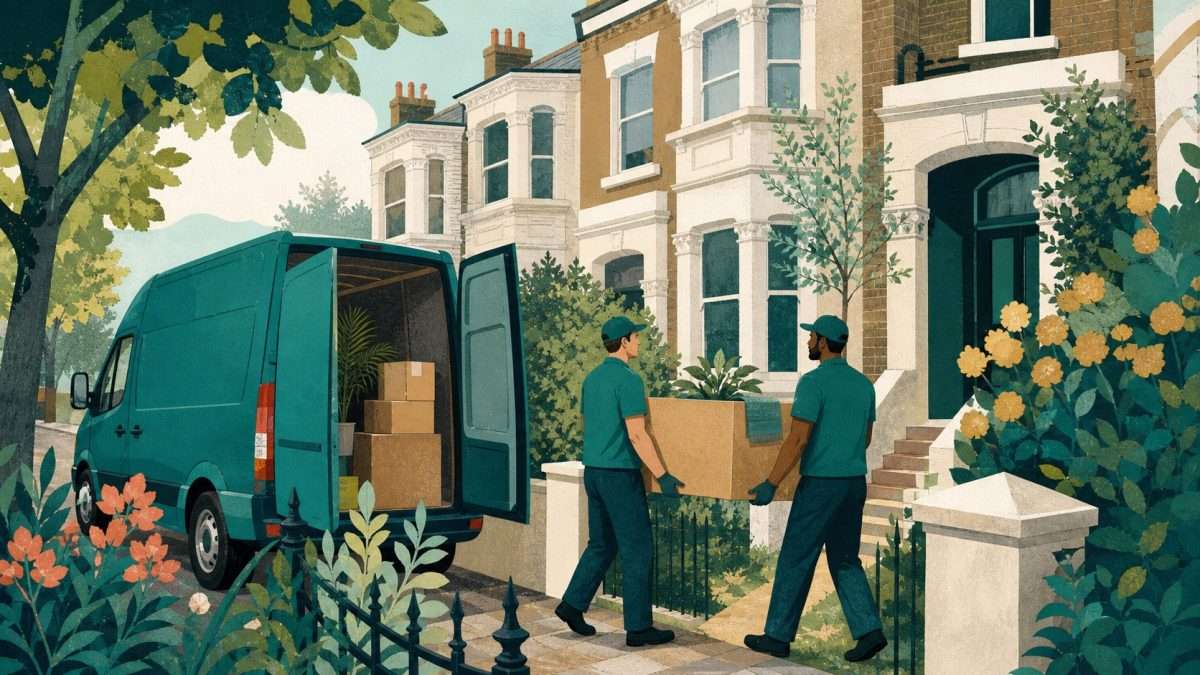 Illustration of a removal team working on a residential street in Clapham