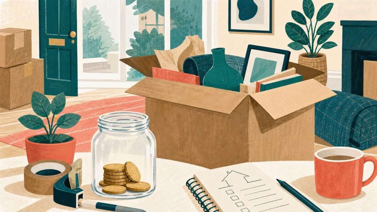 Illustration of organised moving boxes and a savings jar before moving house