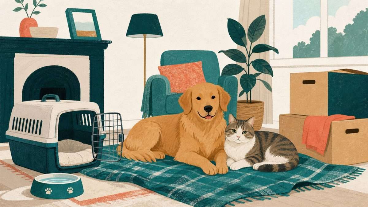 Illustration of a relaxed dog and cat prepared for moving house