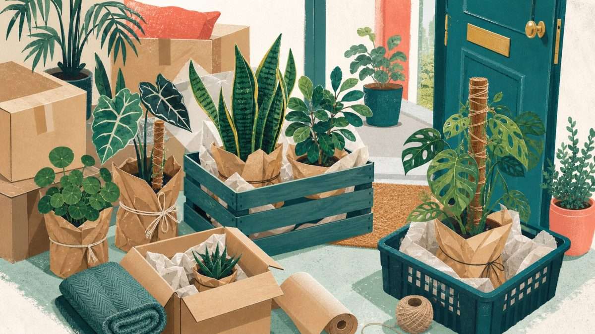 Illustration of houseplants protected in crates and paper for a safe move
