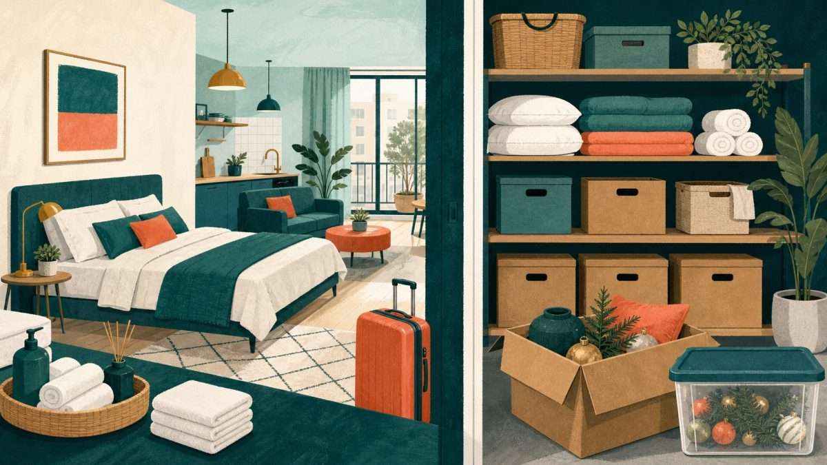 Illustration of organised linen and guest supplies in storage