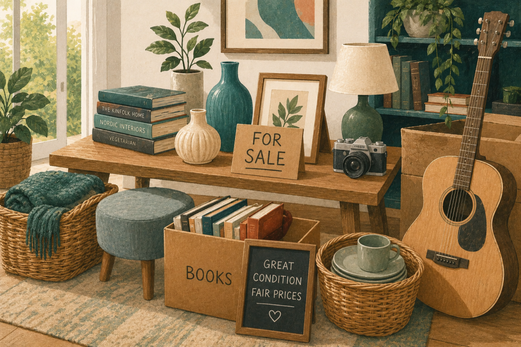 Image of household items neatly arranged for sale.