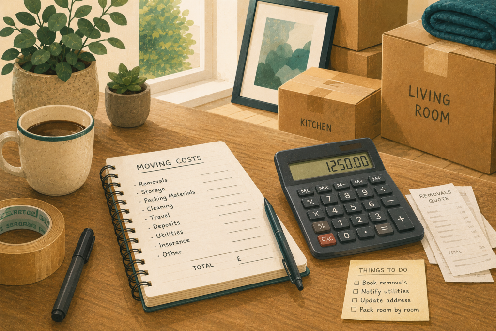 Image of someone calculating moving costs with a calculator and notebook