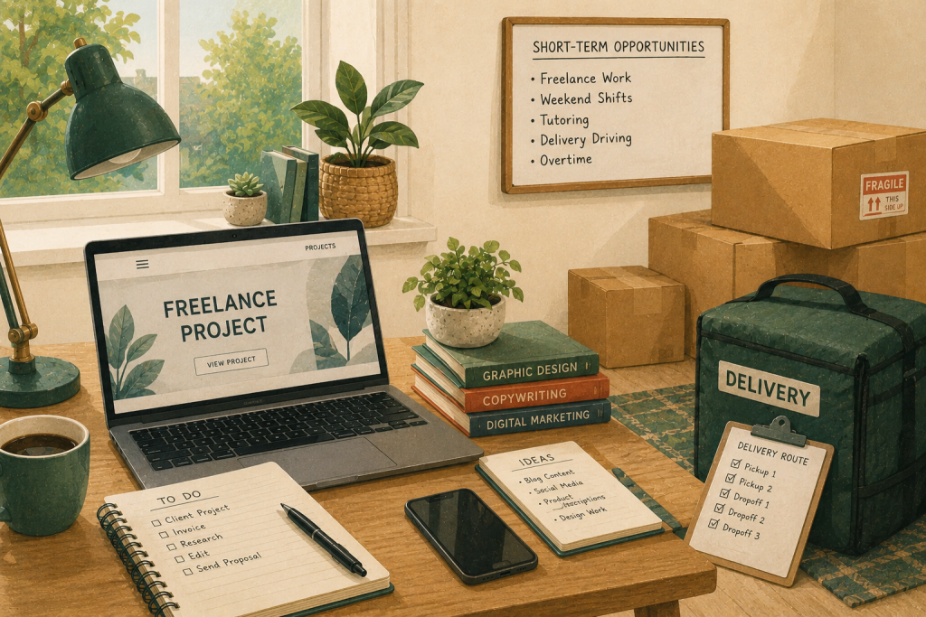 Image of someone working on a laptop or delivering parcels.
