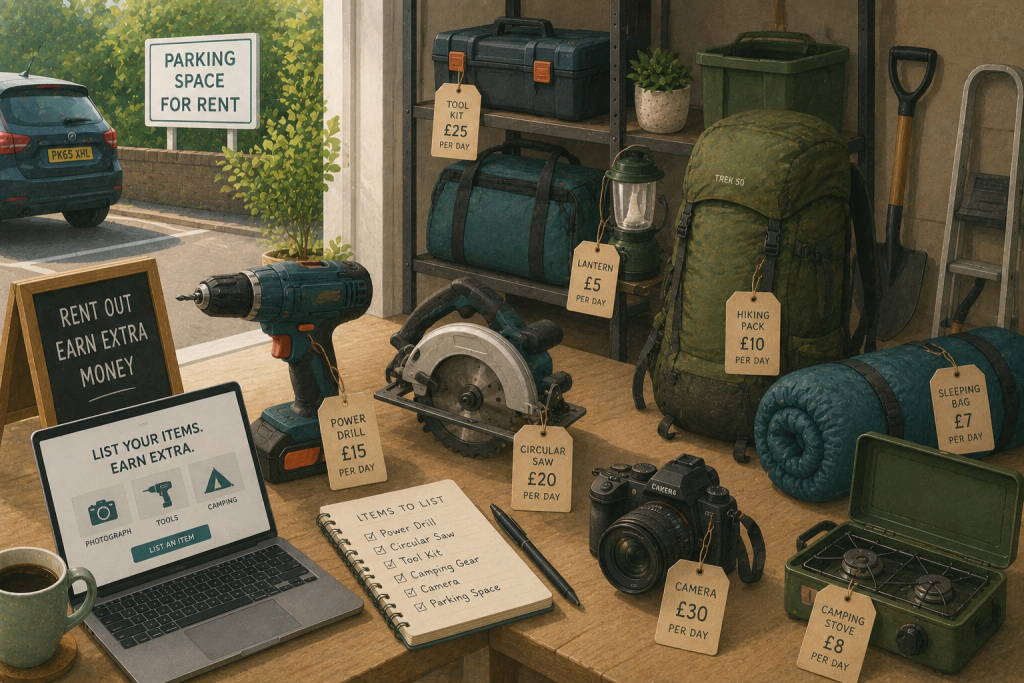 Image of power tools, camping equipment or parking space.