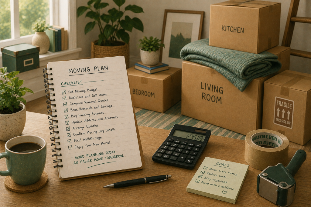 Image of moving checklist beside packed boxes.