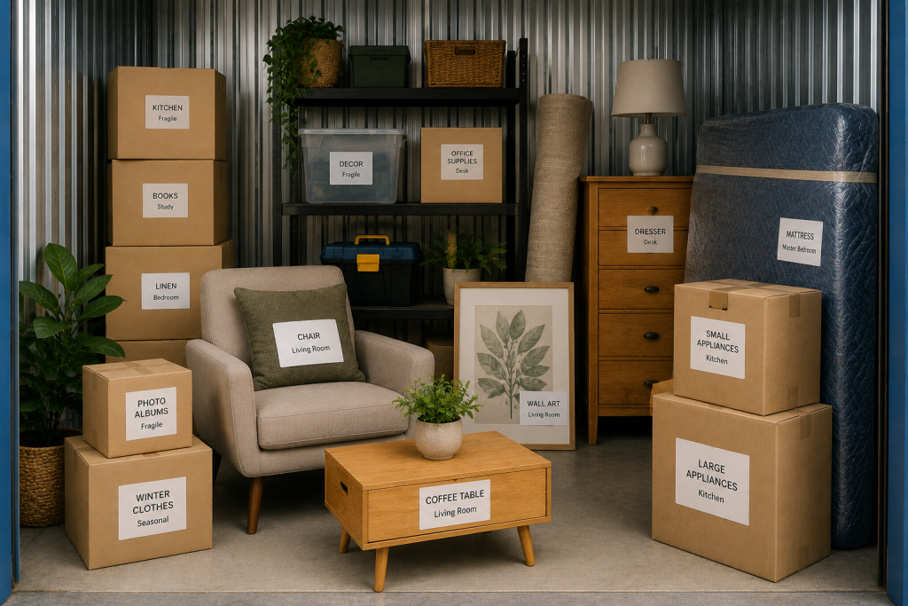 Image of carefully labelled furniture and boxes inside a storage unit.
