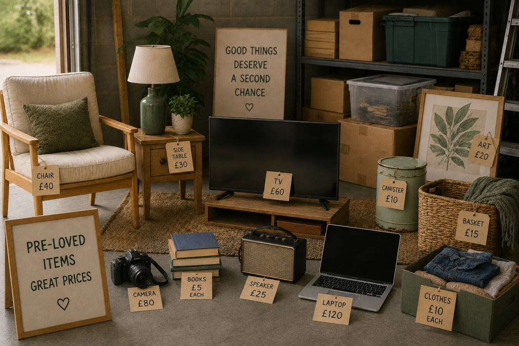 Image of furniture, electronics and household items prepared for sale