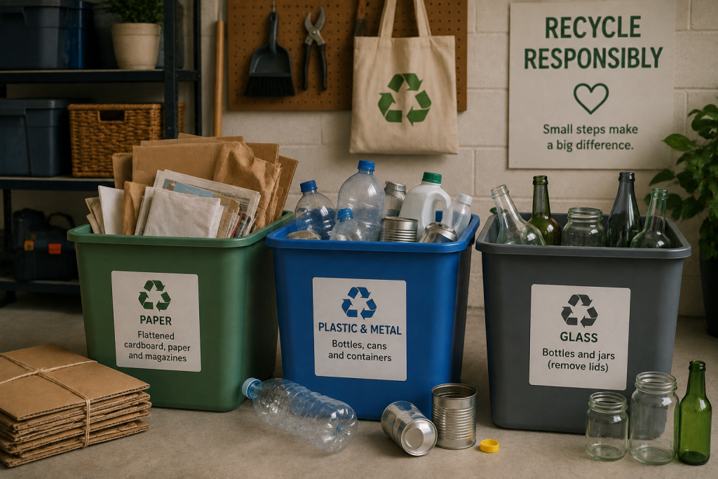 Image of household materials separated for responsible recycling.