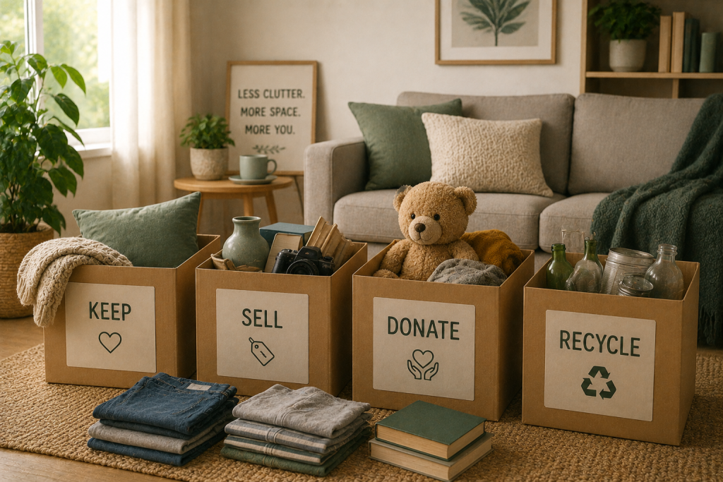 Image of labelled keep, sell, donate and recycle boxes in a living room.