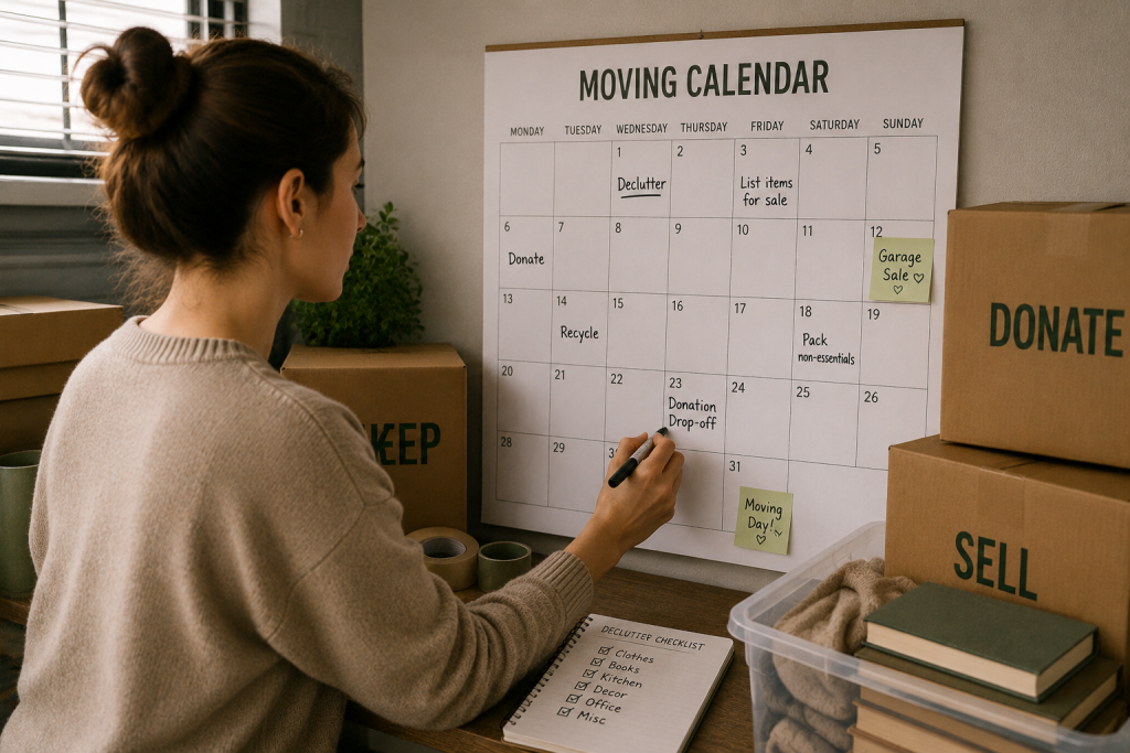 Image of someone marking decluttering deadlines on a moving calendar.