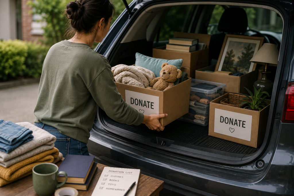 Image of unsold household belongings being packed into donation boxes.